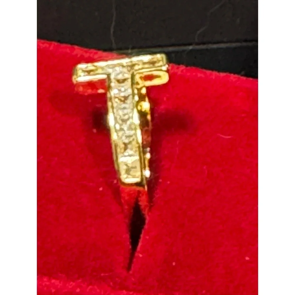 Gold Tone T Initial Crystal Open Wrap Ring Costume Jewelry Size 7.5